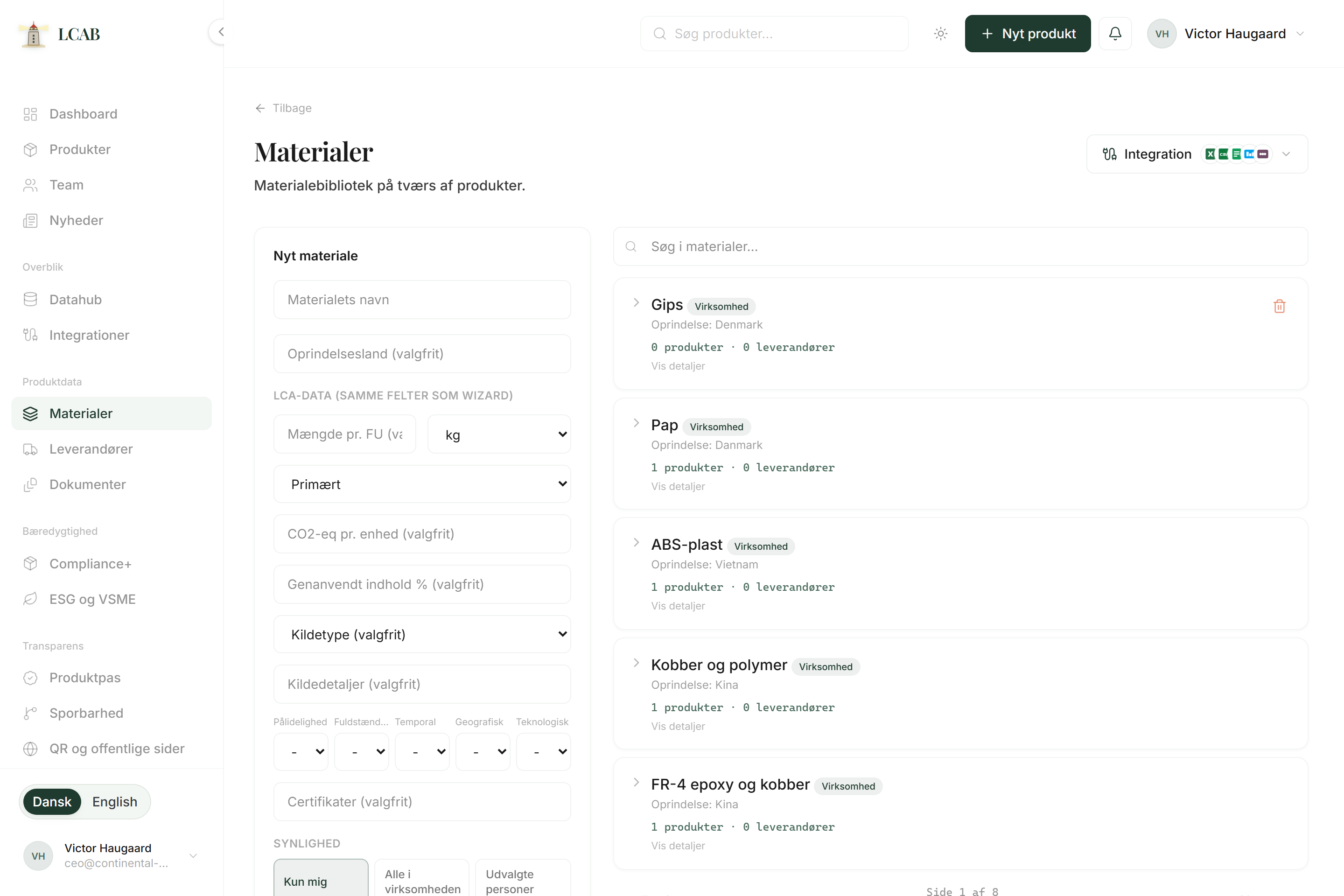 LCAB med venstre menu, hvor funktionerne Produkter, Materialer og Leverandører er synlige, og materialebiblioteket åbent